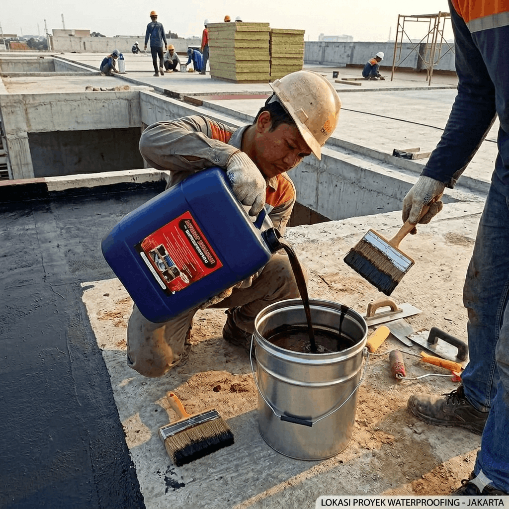 Teknisi mengaplikasikan lapisan waterproofing pada permukaan atap