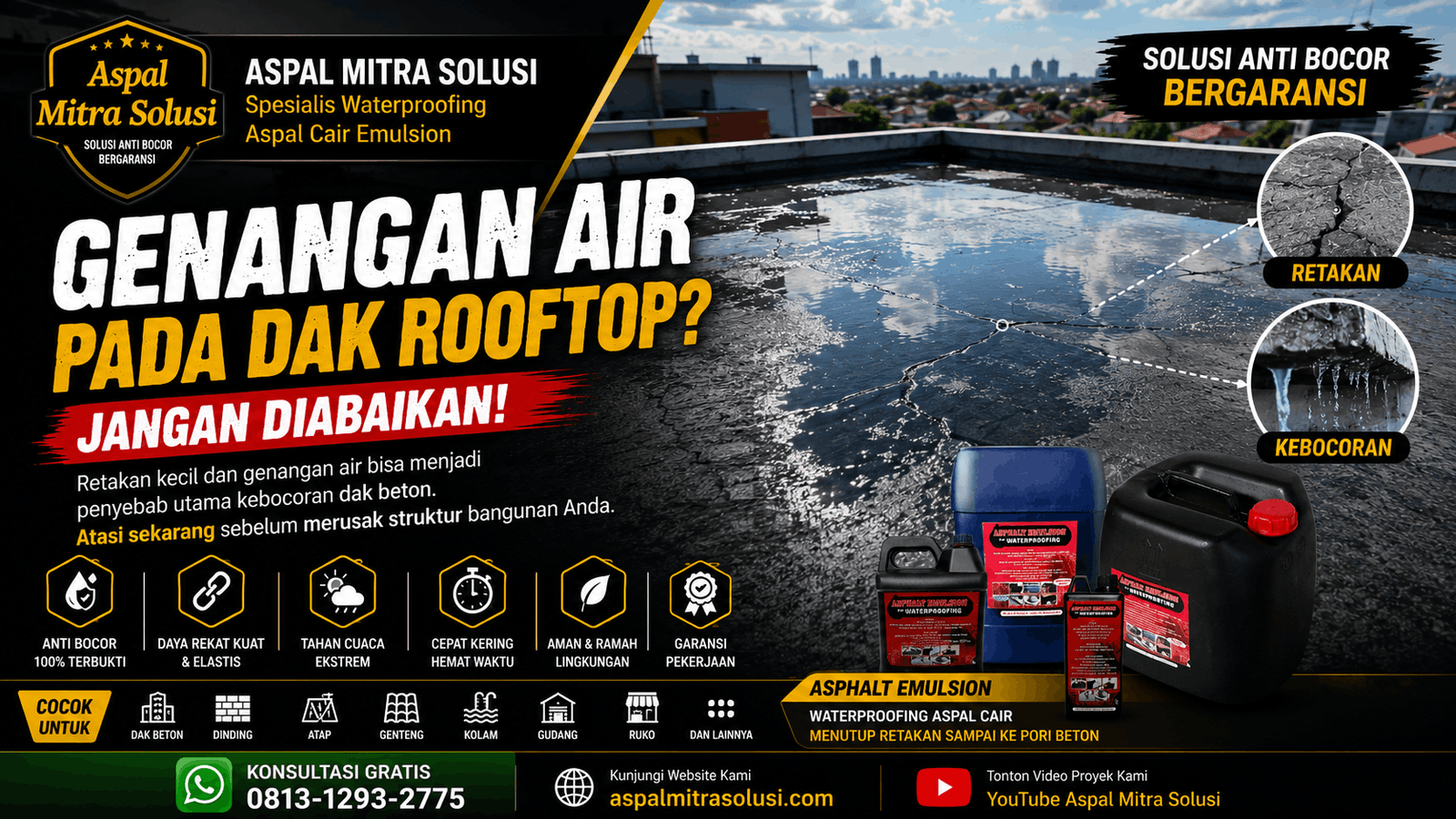 Kondisi dak beton bocor dengan retak rambut dan genangan air di permukaan sebelum dilakukan waterproofing