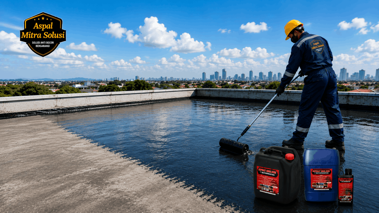Produk asphalt emulsion untuk waterproofing dak beton dengan tekstur lapisan elastis berwarna hitam