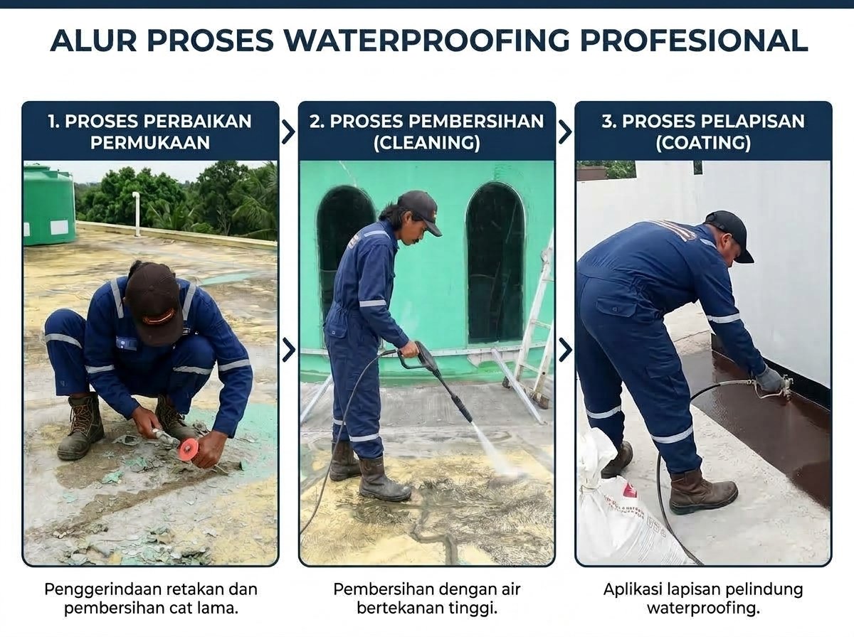 Ilustrasi aplikasi waterproofing aspal cair pada permukaan beton untuk perlindungan anti bocor