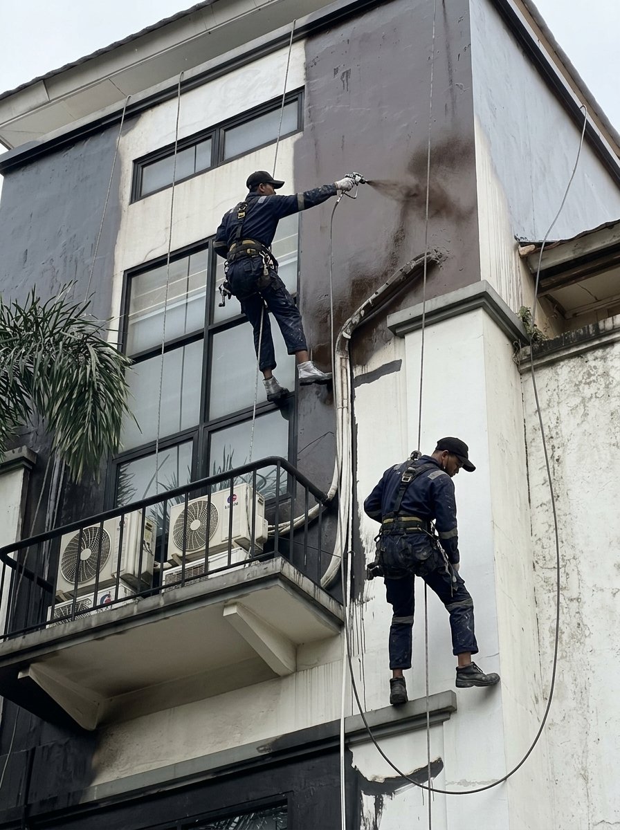 Proses pelapisan waterproofing dinding dengan metode rope access di Tangerang oleh Aspal Mitra Solusi