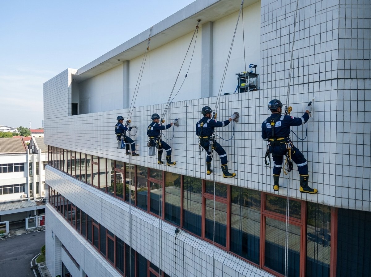Cleaning keramik dinding gedung dengan metode rope access