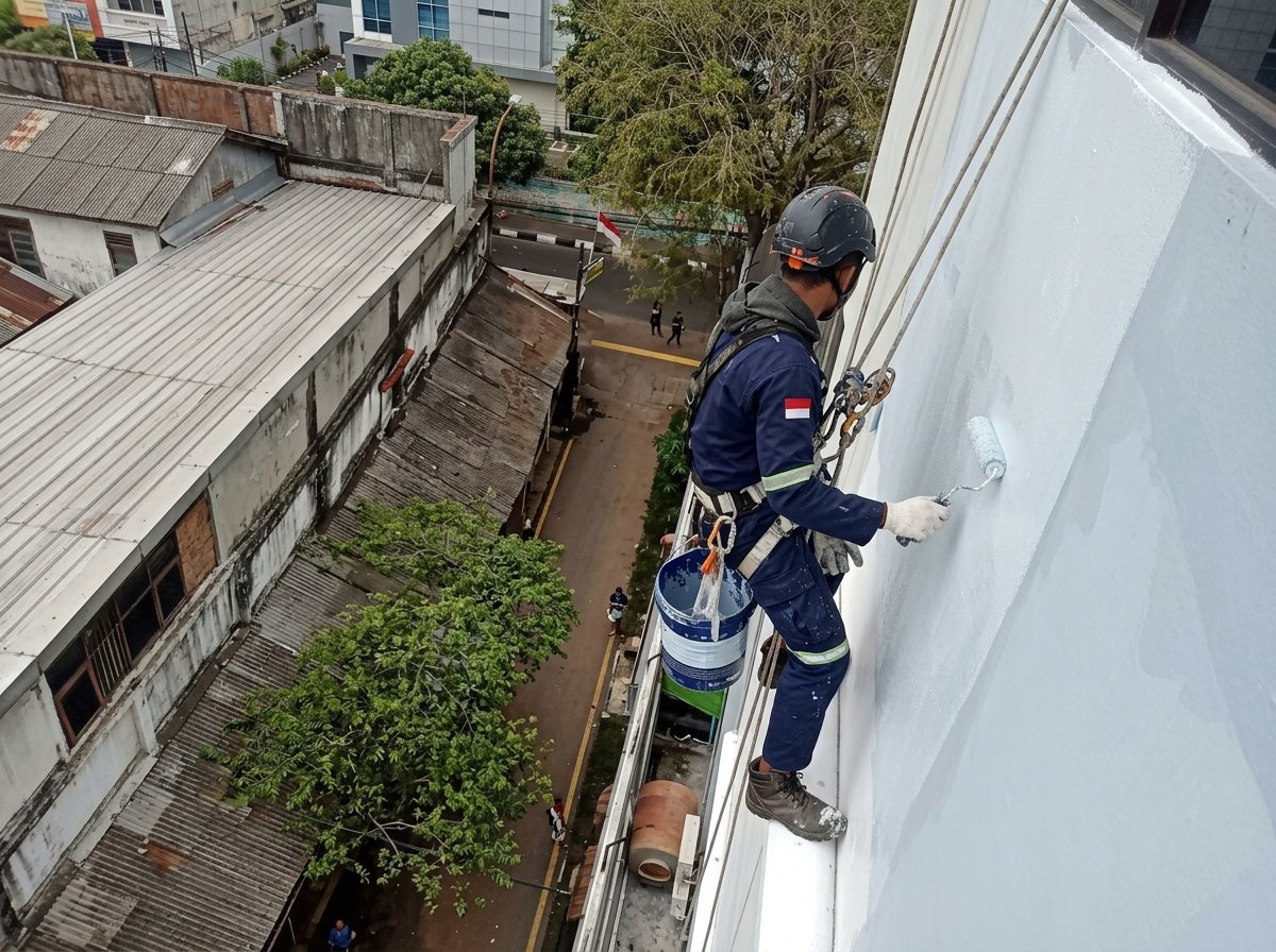 Pengecatan dinding gedung dengan metode rope access