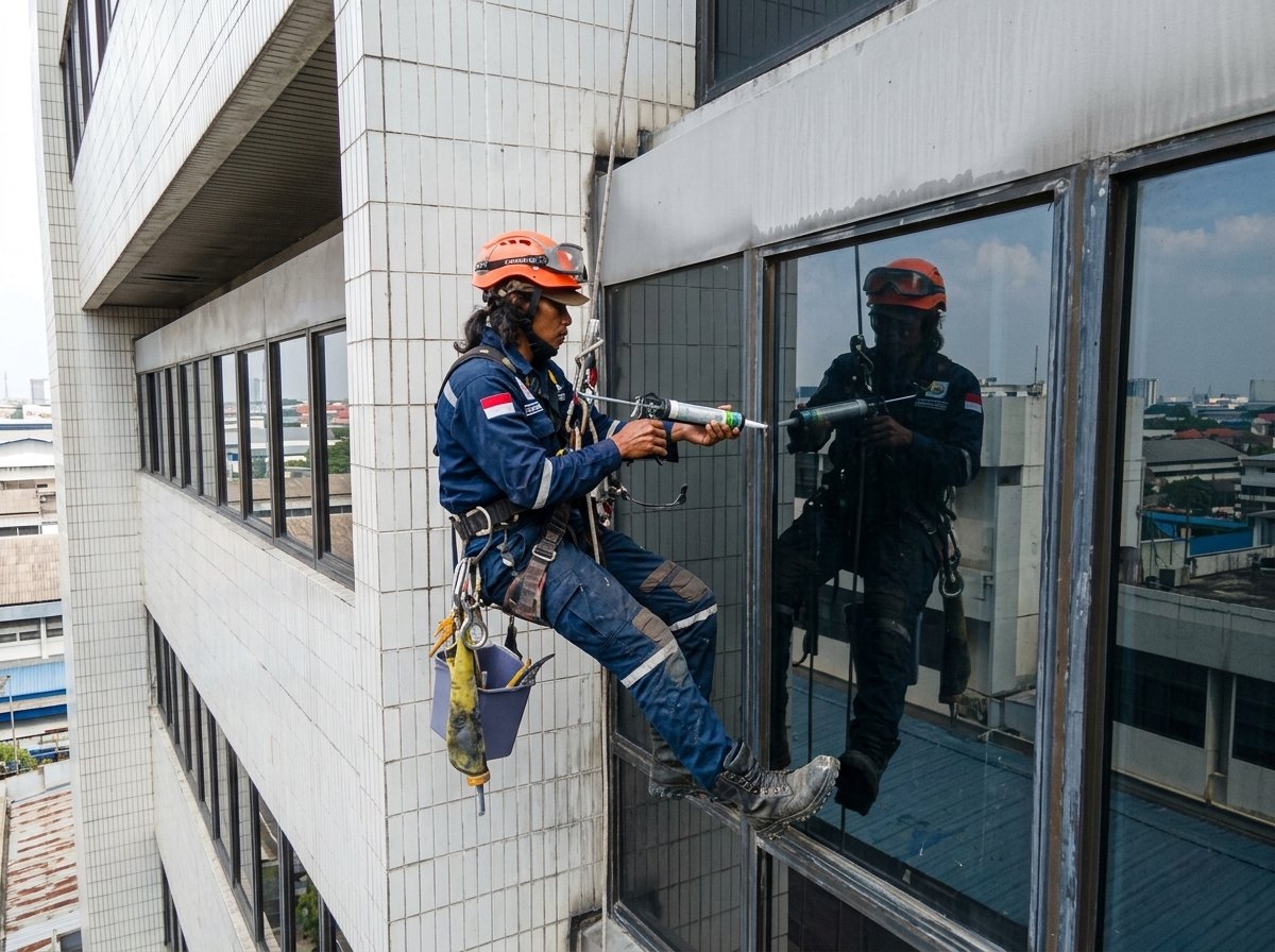 Resealant kaca gedung dengan metode rope access