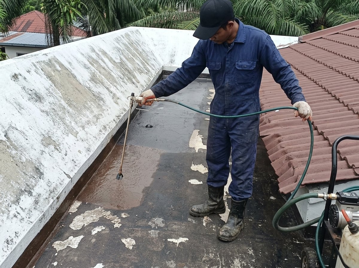 Proses waterproofing dak talang di Jakarta oleh Aspal Mitra Solusi
