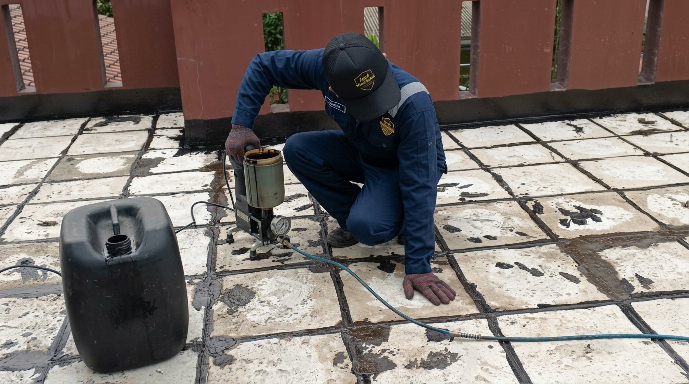 Proses injeksi pada area beton sebelum pelapisan waterproofing