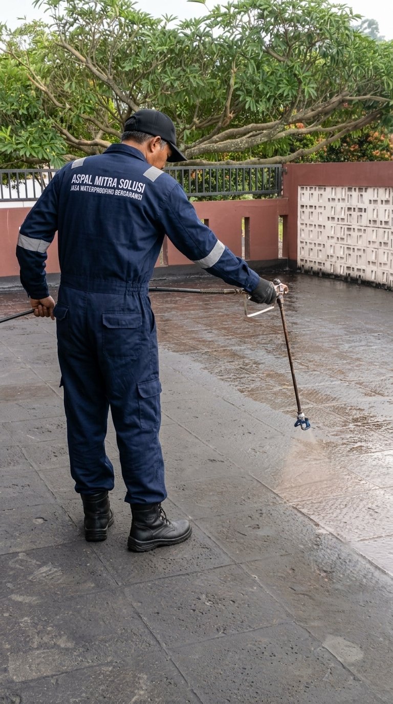 Pengerjaan waterproofing dak beton Villa Ciwidey Bandung oleh tim Aspal Mitra Solusi