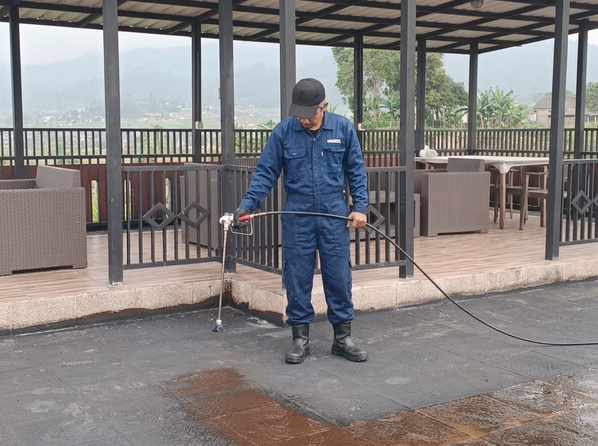 Proses waterproofing dak rooftop di Bekasi oleh Aspal Mitra Solusi