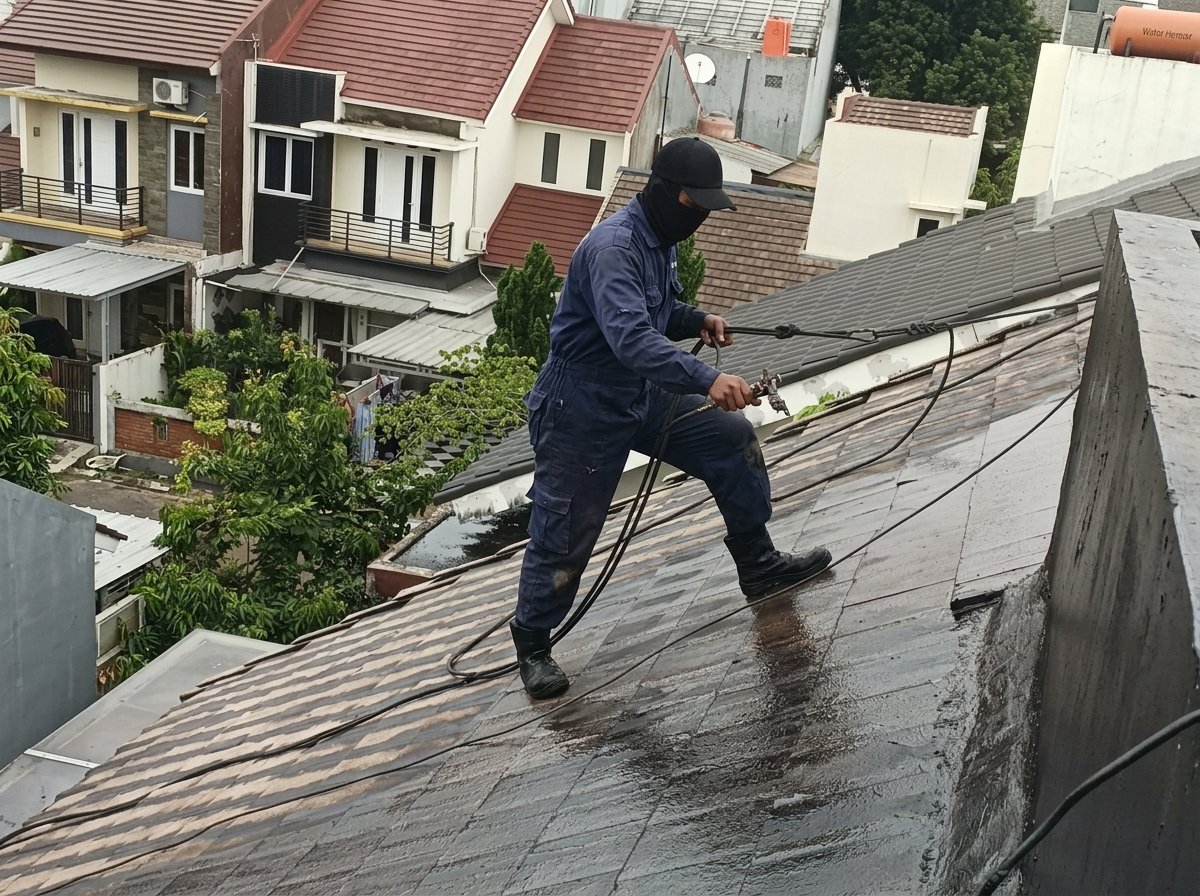 Dokumentasi pekerjaan waterproofing dak rooftop di Lewinanggung, Bekasi