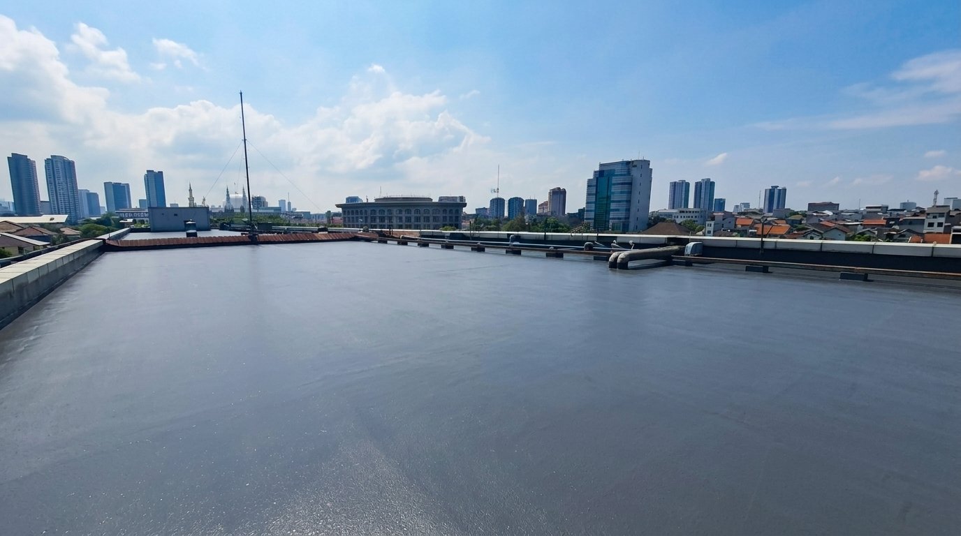 Hasil pengerjaan waterproofing asphalt emulsion pada dak Gedung Kemenkeu Jakarta