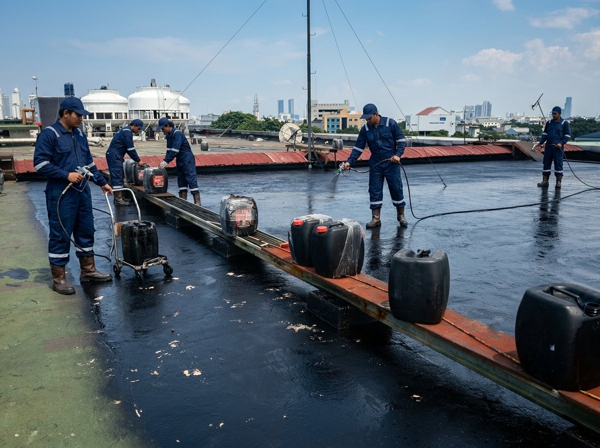 Proses aplikasi waterproofing aspal cair oleh tim Aspal Mitra Solusi di Jakarta
