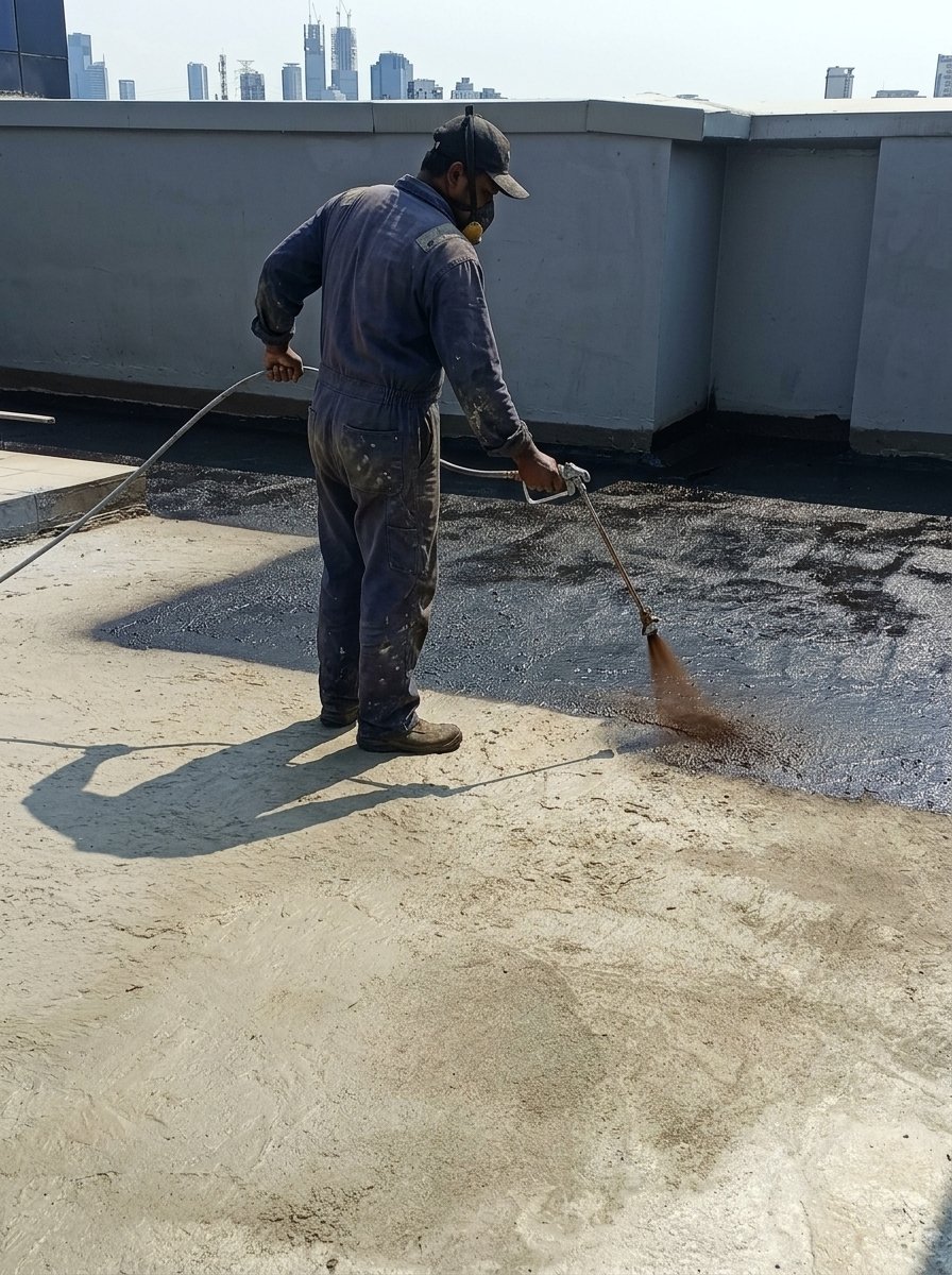 Proses pelapisan waterproofing metode spray pada proyek jasa waterproofing Tangerang