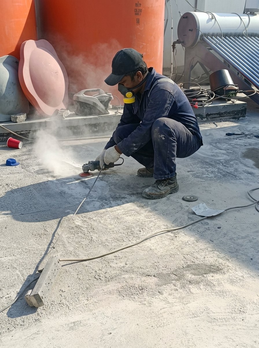 Proses screeding permukaan dak pada pekerjaan waterproofing di Tangerang oleh AMS