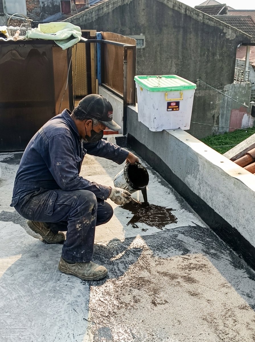 Pelapisan aspal cair pada proyek anti bocor dak beton di Buah Batu Bandung