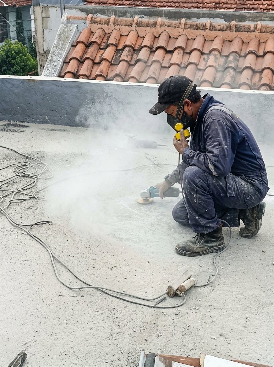 Pengamplasan permukaan pada proyek dak beton di Buah Batu Bandung sebelum pelapisan