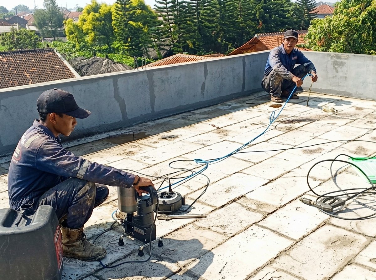Proses injeksi beton pada proyek anti bocor dak beton di Soreang Bandung oleh AMS