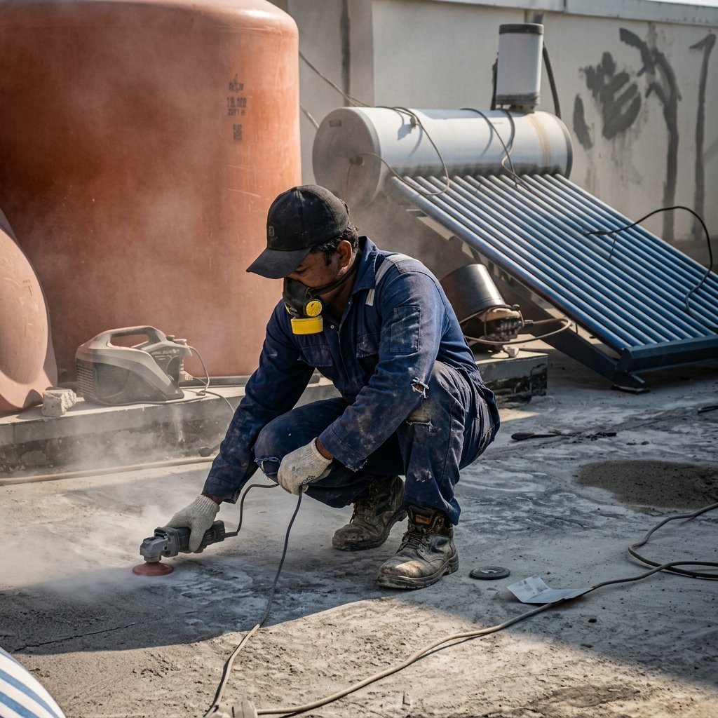 Proses cleaning dak rooftop sebelum waterproofing di Kemayoran, Jakarta