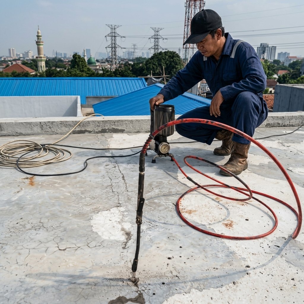 Penanganan titik retak dak ruko sebelum waterproofing di Cengkareng, Jakarta Barat