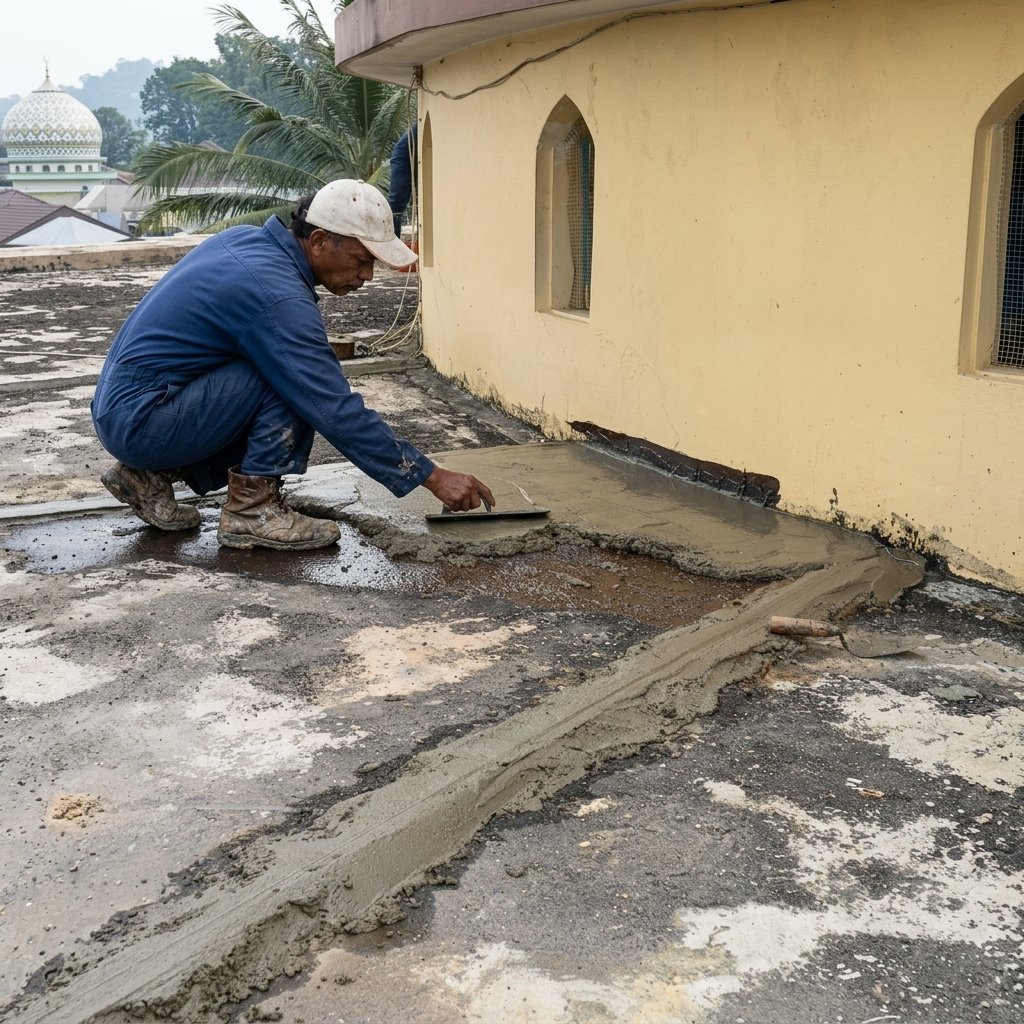 Proses leveling untuk memperbaiki kemiringan permukaan dak beton