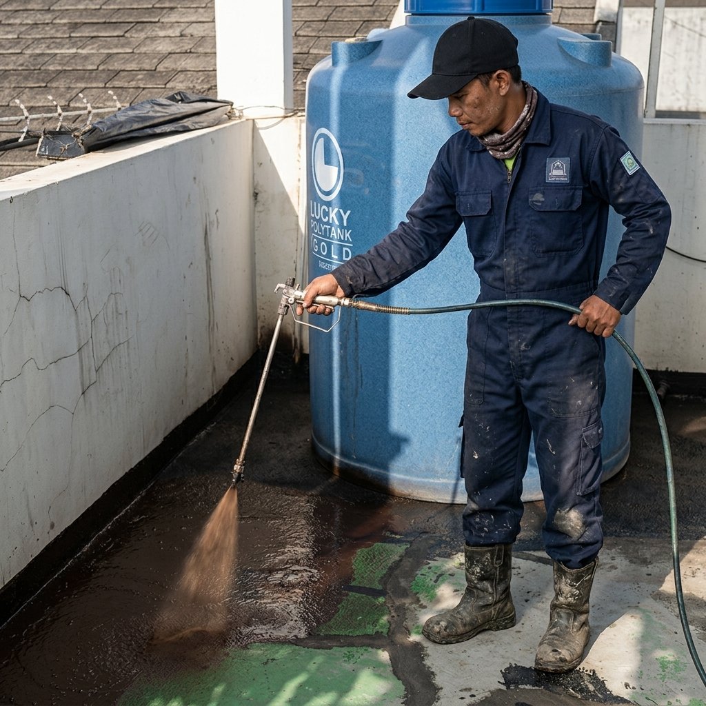 Pelapisan waterproofing dak beton menggunakan mesin spray