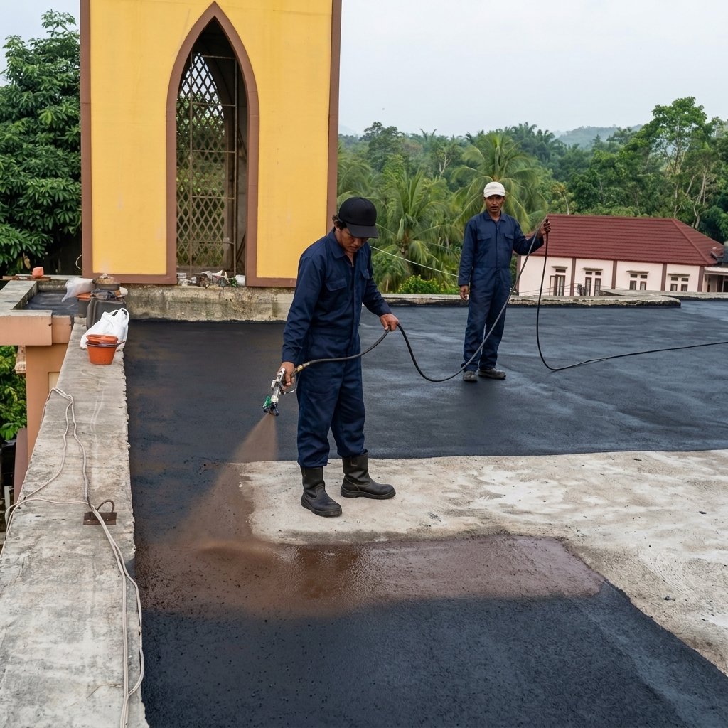 Aplikator Aspal Mitra Solusi melakukan waterproofing dak beton dengan metode spray aspal cair
