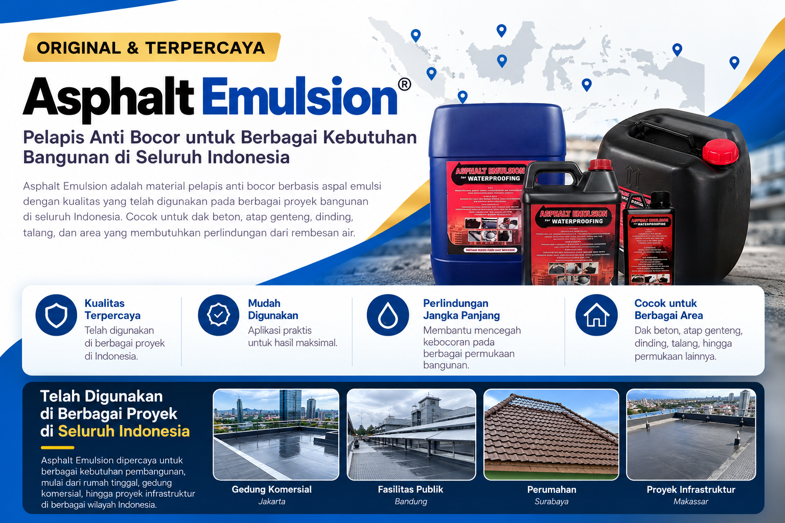 Visual pengenalan produk Asphalt Emulsion untuk membantu memilih pelapis anti bocor sesuai kebutuhan bangunan