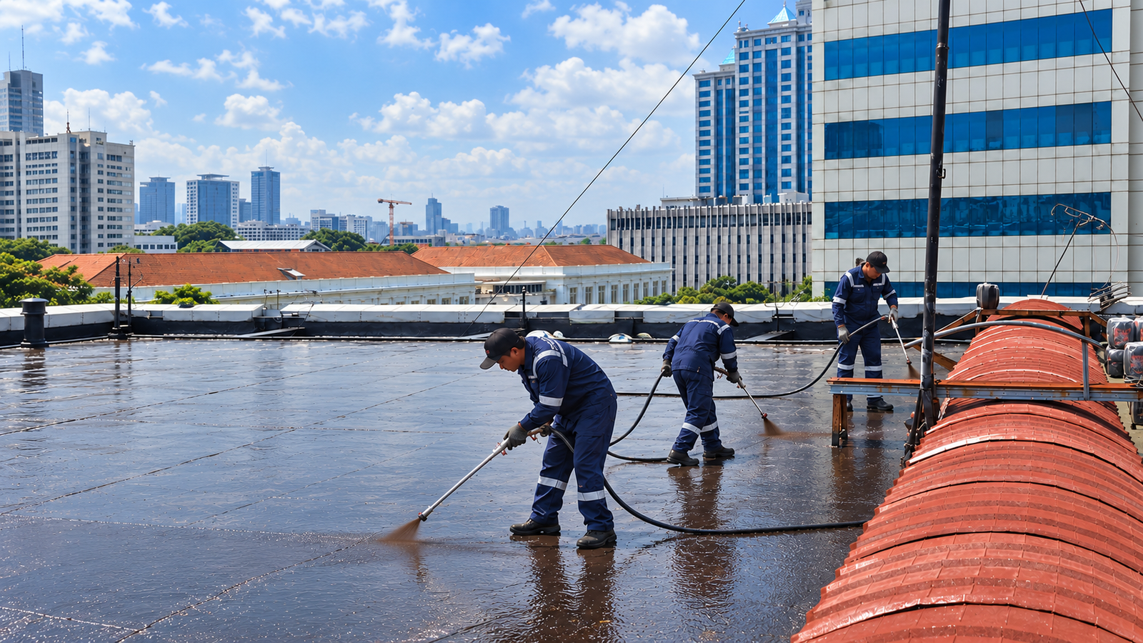 Tim Aspal Mitra Solusi mengerjakan waterproofing gedung