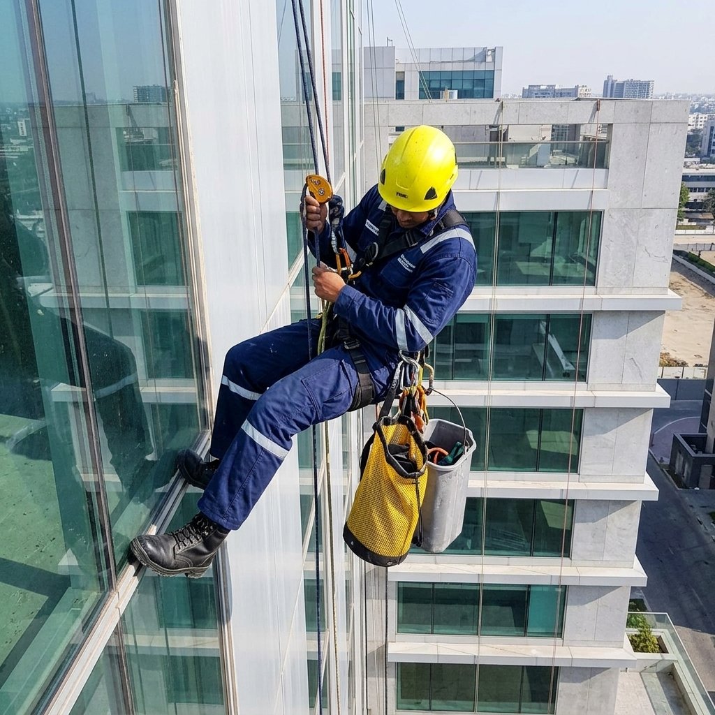 Gambar layanan cleaning kaca gedung dengan metode rope access Aspal Mitra Solusi