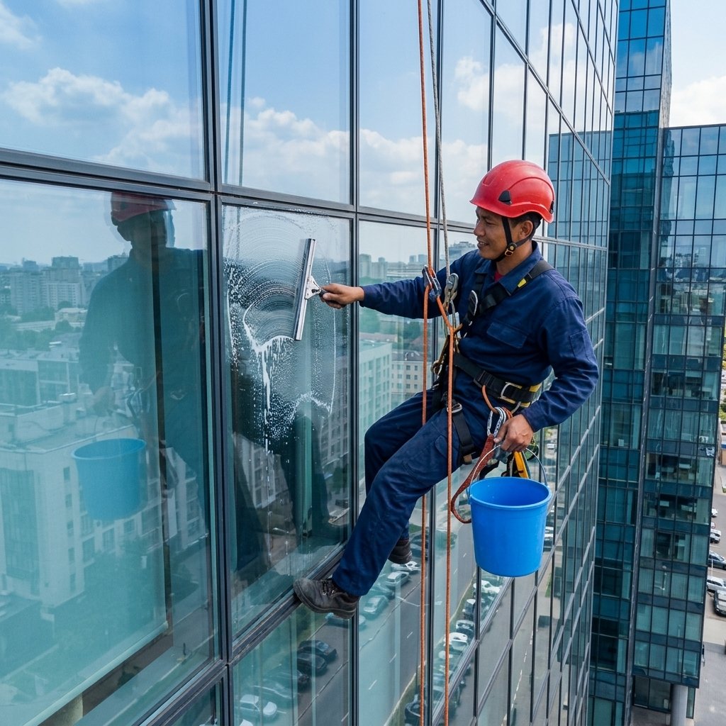 Pembersihan kaca gedung dengan metode rope access