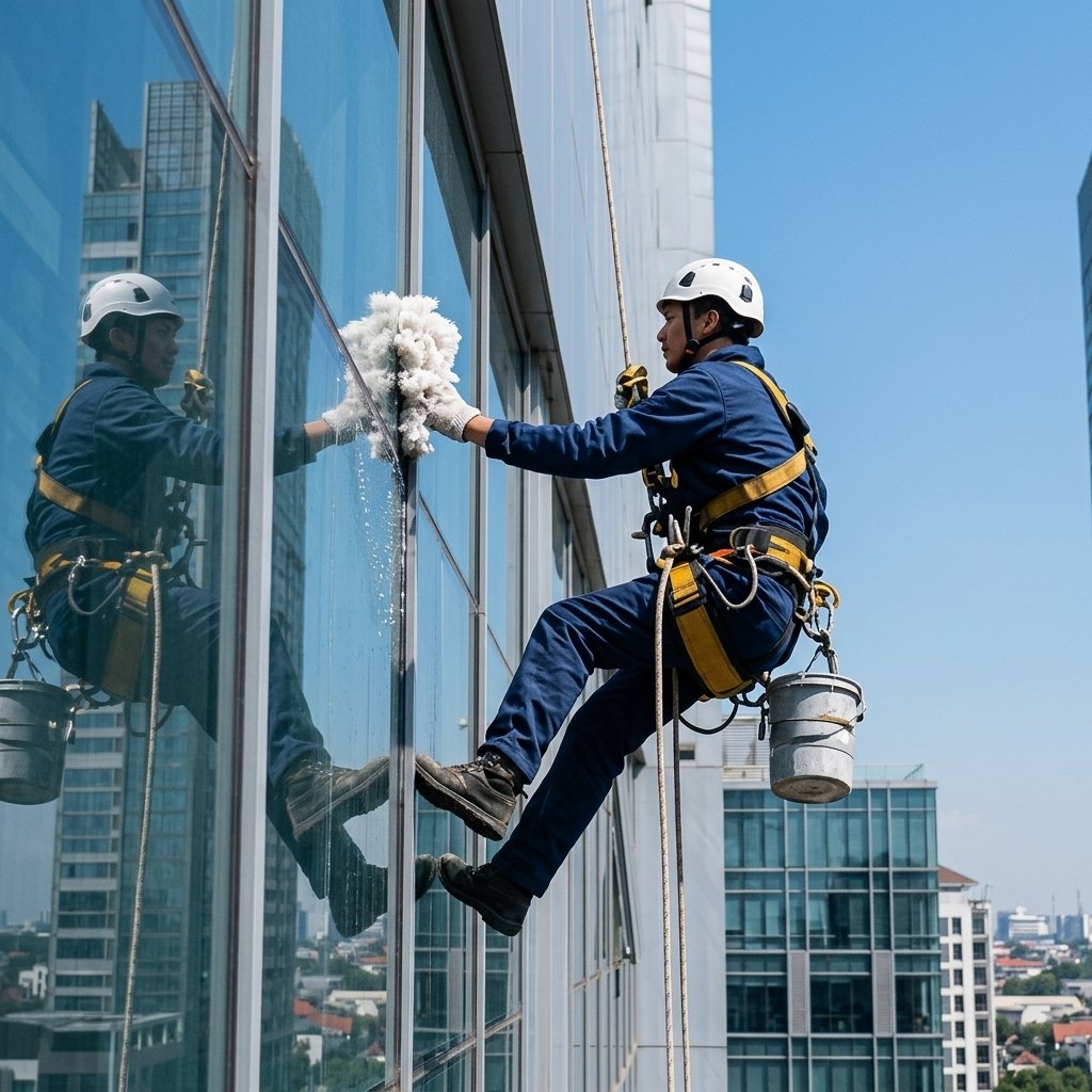 Proses pembersihan noda pada kaca gedung dengan rope access