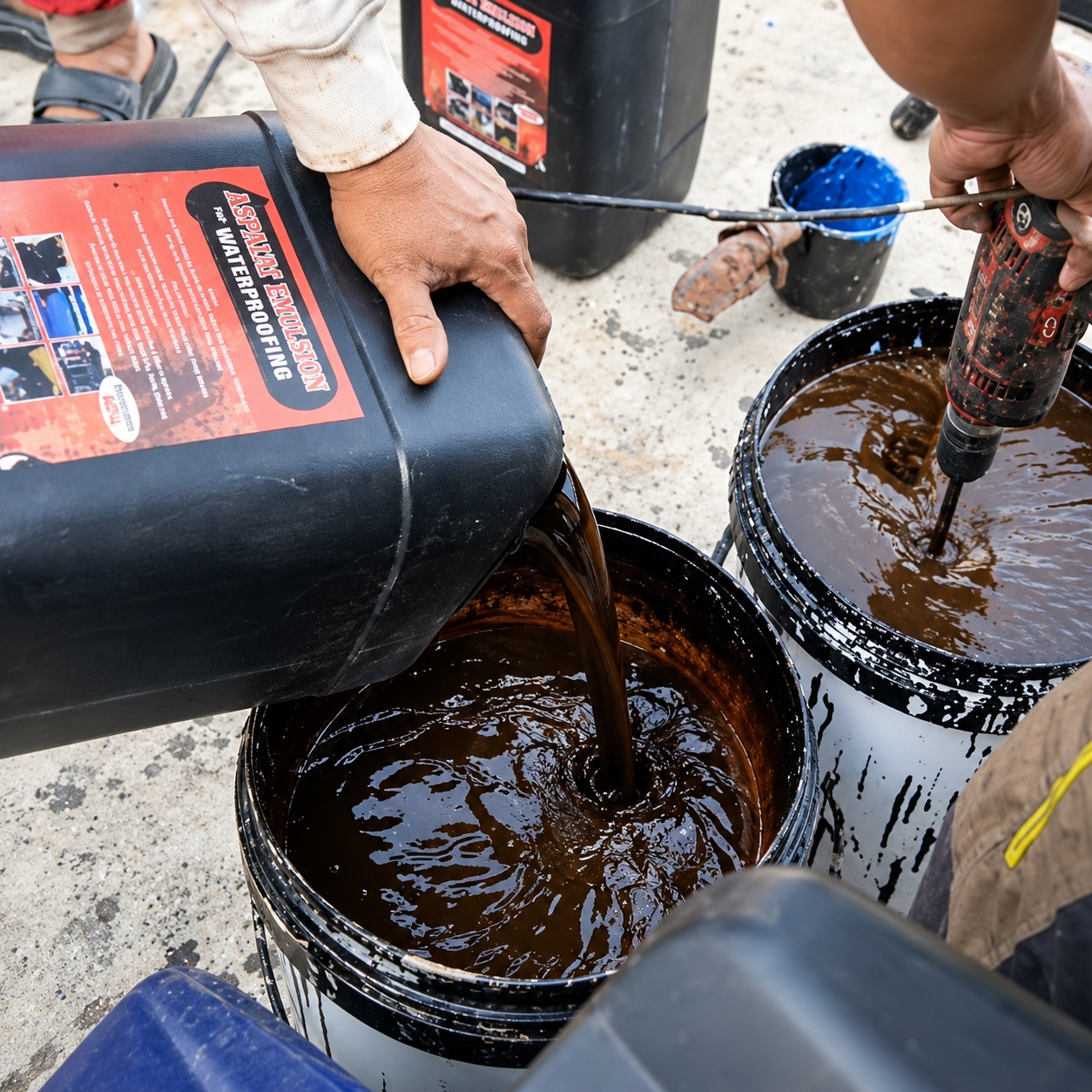 Proses pencampuran asphalt emulsion di lokasi kerja waterproofing Aspal Mitra Solusi