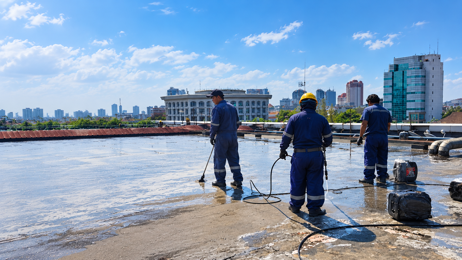 Tim Aspal Mitra Solusi melakukan pekerjaan waterproofing aspal cair pada dak beton gedung